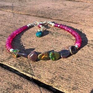 Natural Red Spinel Black Opal Bracelet 14K Gold , 7.28" - 8" October Birthstone